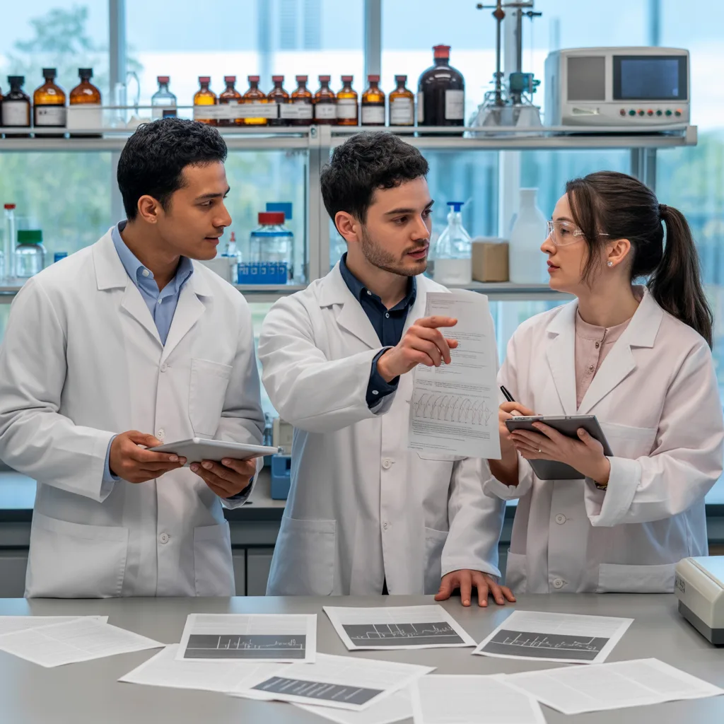 Research team discussing data in a modern laboratory