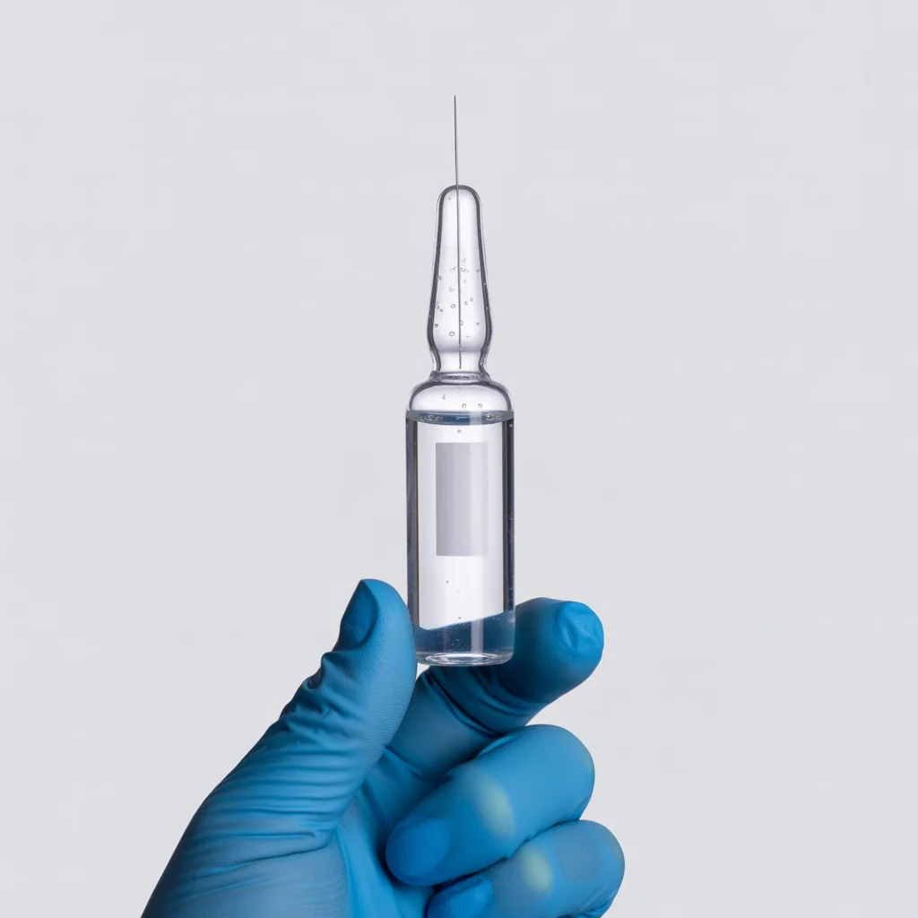 Gloved hand holding a vial of clear reconstituted peptide solution against white background