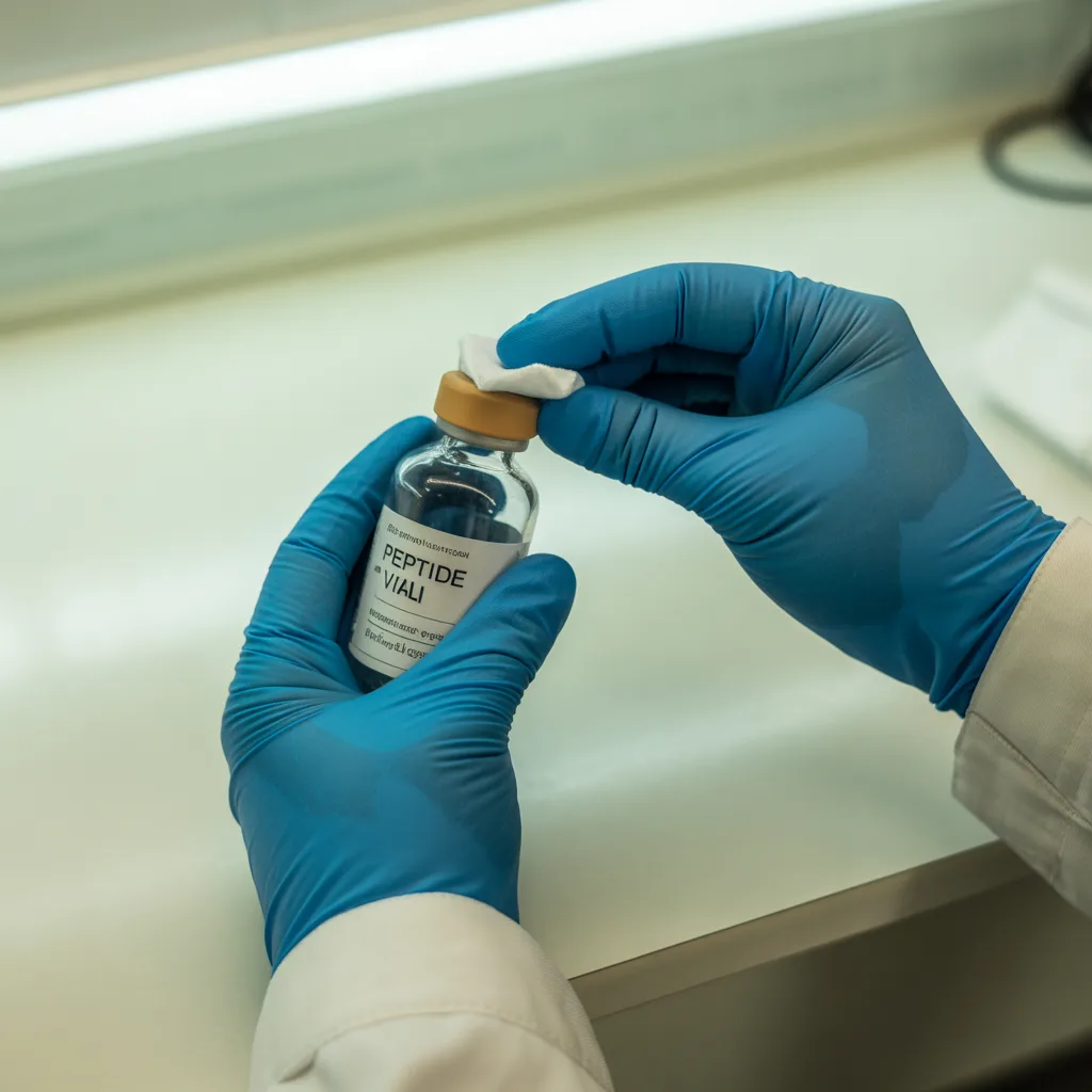 Gloved hands swabbing the rubber stopper of a peptide vial with an alcohol prep pad
