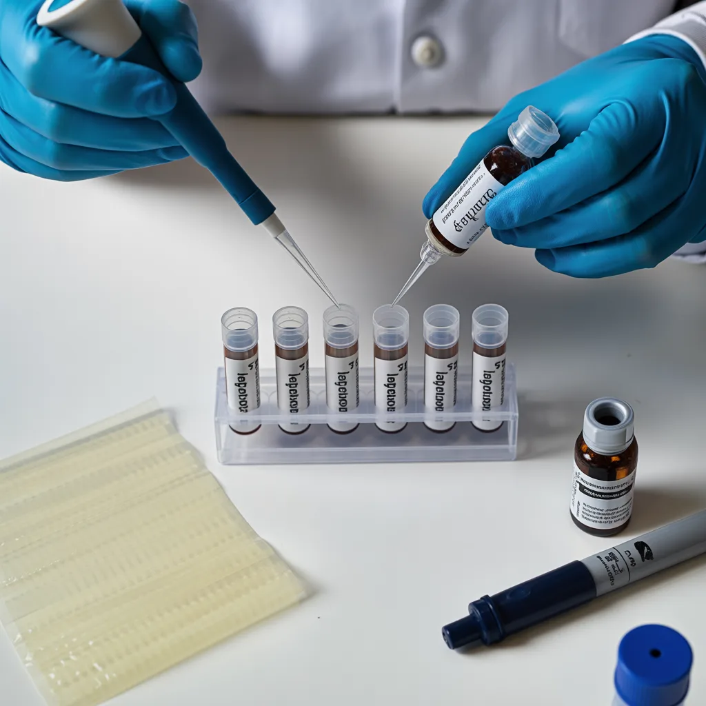 Researcher using micropipette to transfer peptide solution into labeled microcentrifuge tubes